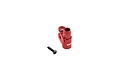 A red anodized aluminium servo horn and a single black machine screw on a white background.