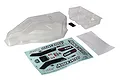 Team Associated 1/10 RB10 clear unpainted RC buggy body shell with rear wing, decal sheet, and window masks on a white background.