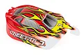 A pre-painted red RC buggy body shell for the HSP Cheetah, featuring yellow and orange flame graphics, black window details, and racing decals.