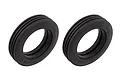 Two black rubber RC car front tyres from Team Associated with a ribbed tread pattern, shown against a white background.