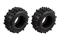 Two black Team Associated 1/10 scale RC buggy rear tyres with a knobby tread pattern, shown against a plain white background.