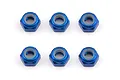 Six blue anodized aluminium 3mm nyloc nuts arranged in two rows of three on a white background.