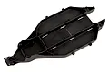 A black molded plastic RC car chassis tub viewed from a high angle against a white background.