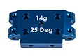 A blue anodized aluminium RC front bulkhead with 25 degree angle marking.