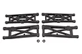 Four black plastic RC suspension arms and two small washers arranged on a white background.