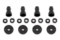 A set of black RC shock rebuild components including four shock bladders, eight O-rings, and four shock pistons arranged on a white background.
