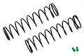 Two black metal RC shock springs with two small green identification sleeves on a white background.