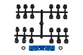 Factory Team suspension arm mount set including a blue aluminium mount, two washers, and a plastic parts tree with various inserts.