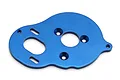 A blue anodized aluminium motor plate for a Team Associated RC vehicle, featuring various mounting holes and slots.
