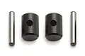 Two black cylindrical barrel connectors and two silver metal pins for a Team Associated CVD driveshaft rebuild kit.