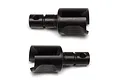 Two black metal differential outdrives for RC cars, shown from different angles against a white background.