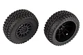 Two black RC off-road tyres pre-mounted on matte black Method-style wheels against a white background.