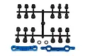 Factory Team suspension arm mount set including two blue anodized aluminium mounts, a plastic parts tree with inserts, and two small metal washers.