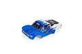 A blue and white ARRMA Senton 1/10 scale short course truck body shell with racing decals on a white background.