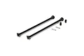 Two black metal RC car driveshafts with associated pins and barrel connectors on a white background.