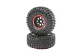 Two Losi 1/6 scale Creepy Crawler LT RC crawler tyres mounted on black rims with red beadlock-style rings, stacked on a white background.