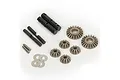 Pro-Line differential rebuild kit components including metal gears, shafts, pins, and washers arranged on a white background.