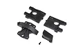 A set of black plastic RC car centre differential mount components and a single small screw on a white background.