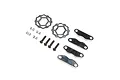 Losi RC brake disc and pad set including two metal discs, four brake pads, four small springs, and four screws on a white background.
