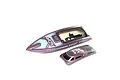 Pro Boat Shreddy RC boat hull and matching canopy featuring grey, blue, and pink graphics on a white background.