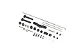 A collection of Losi throttle linkage parts including metal rods, plastic servo horns, screws, springs, and small hardware components on a white background.