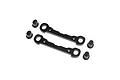 Two black aluminium front hinge pin braces and four small black plastic inserts on a white background.