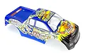 A blue pre-painted RC truck body shell for the HSP Lion, featuring yellow, white, and black graphic decals and a Wind Hobby logo.