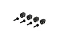 A set of four black ARRMA shock protector mounts and four matching black mounting pins arranged on a white background.