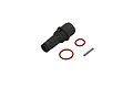 ARRMA centre driveshaft coupler set including a black plastic coupler, two red rubber O-rings, and a small metal pin.