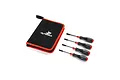 Dynamite 4-piece metric nut driver set with black and red handles, arranged next to a matching black and red zippered storage case.