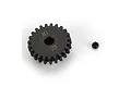 A black hardened steel 23-tooth 1Mod pinion gear with a small grub screw, isolated on a white background.
