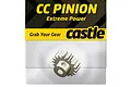 A Castle Creations hardened steel pinion gear in its original retail packaging, featuring yellow and black branding.