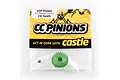 Castle Creations 24T 32P pinion gear in green aluminium, packaged in a branded plastic bag with a yellow and black header card.