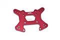 A red anodized aluminium front shock tower for an RC car, featuring multiple mounting holes and the GPM Racing logo.