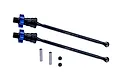 Two GPM Racing black steel CVD driveshafts with blue aluminium wheel hexes, including two pins and two grub screws on a white background.