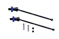 Two black GPM carbon steel CVD driveshafts with blue aluminium wheel hexes, including two metal pins and two grub screws on a white background.