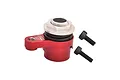 A red anodized aluminium 20T servo horn with a built-in servo saver and two black socket head screws on a white background.