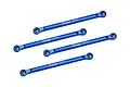 Four blue anodized aluminium RC suspension link bars with pre-installed ball ends, each marked with GPM Racing logo and 68mm length.