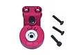 A red anodized aluminium GPM 23T servo horn with a built-in servo saver and three black mounting screws on a white background.