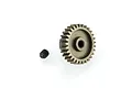 A steel 29T 0.6Mod pinion gear and a small black grub screw isolated on a white background.