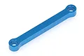 A blue anodized aluminium steering link or Ackerman plate for an RC car, featuring a straight bar design with a circular mounting hole at each end.