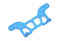 A blue anodized aluminium rear upper body post mounting plate for an RC car, featuring multiple adjustment holes and a lightweight cut-out design.