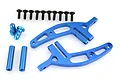 HSP blue aluminium wing stay set including two curved blue metal wing mounts, two blue cylindrical posts, and ten black screws on a white background.