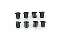 Eight small black flanged bushings arranged in two rows of four on a white background.
