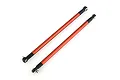 Two orange anodized aluminum RC suspension linkages with black plastic rod ends and metal pivot balls on a white background.