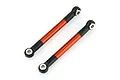 Two orange anodized aluminum RC linkages with black plastic rod ends and metal pivot balls, isolated on a white background.