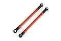 Two orange anodized aluminum RC suspension linkages with black plastic rod ends on a white background.