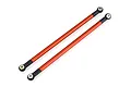 Two orange anodized metal RC suspension linkages with black plastic rod ends on a white background.