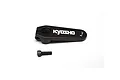 A black aluminium Kyosho steering servo horn with a matching black mounting screw on a white background.