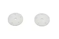Two white plastic shock pistons for RC cars, each featuring a central hole and five smaller holes arranged in a circle.